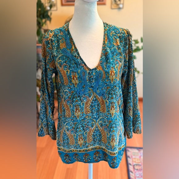 Tolani Women’s Silk Beaded Bohemian Printed Size Small Blouse Teal & Mustard - Picture 1 of 14